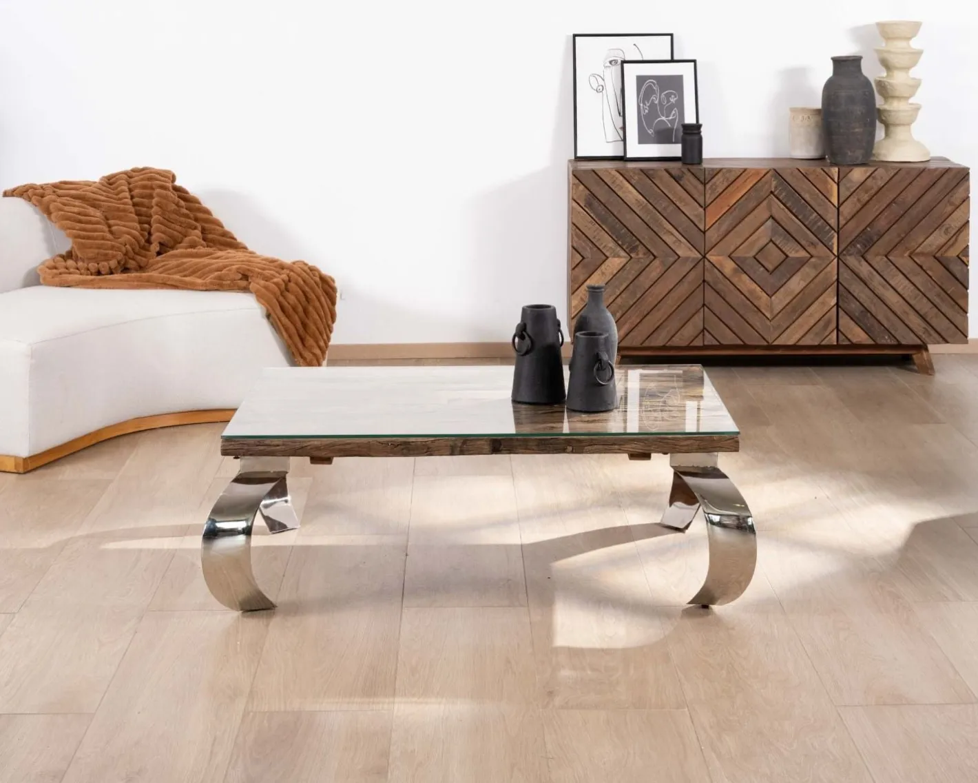 Discount Table basse rectangulaire bois recyclé rustique, plateau verre et pieds design métal brillant opium "Timber" Table Basse Rectangulaire