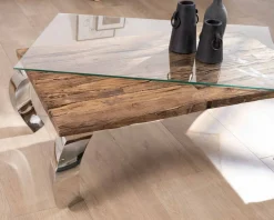 Discount Table basse rectangulaire bois recyclé rustique, plateau verre et pieds design métal brillant opium