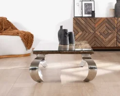 Discount Table basse rectangulaire bois recyclé rustique, plateau verre et pieds design métal brillant opium