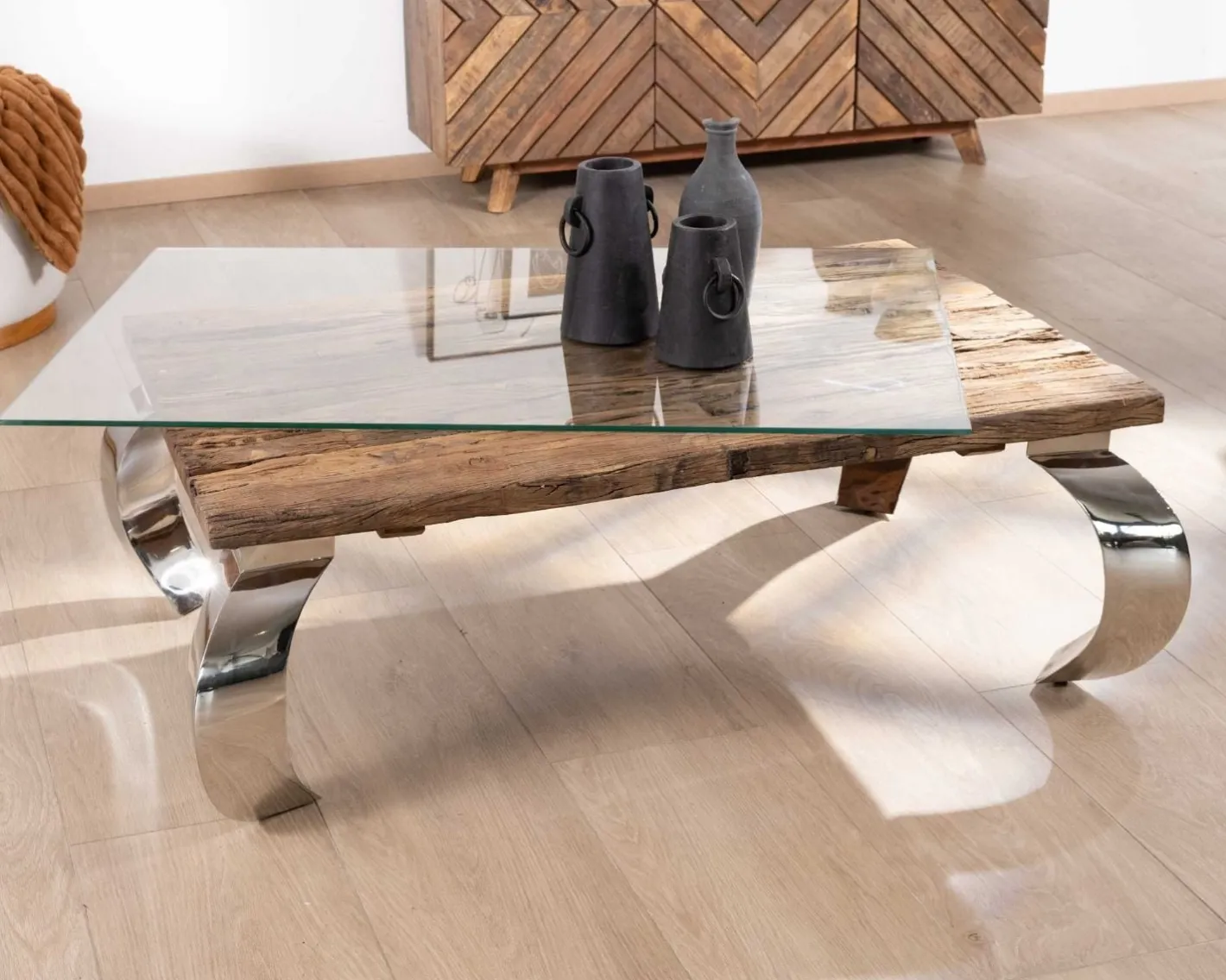 Discount Table basse rectangulaire bois recyclé rustique, plateau verre et pieds design métal brillant opium "Timber" Table Basse Rectangulaire