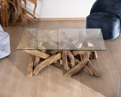 Best Table basse rectangulaire 120 cm en bois de teck recyclé avec plateau en verre "Kanoa" Table Basse Rectangulaire