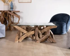 Best Table basse rectangulaire 120 cm en bois de teck recyclé avec plateau en verre 