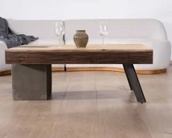 Sale Table basse rectangulaire design en manguier, pieds métal noir antique et ciment 