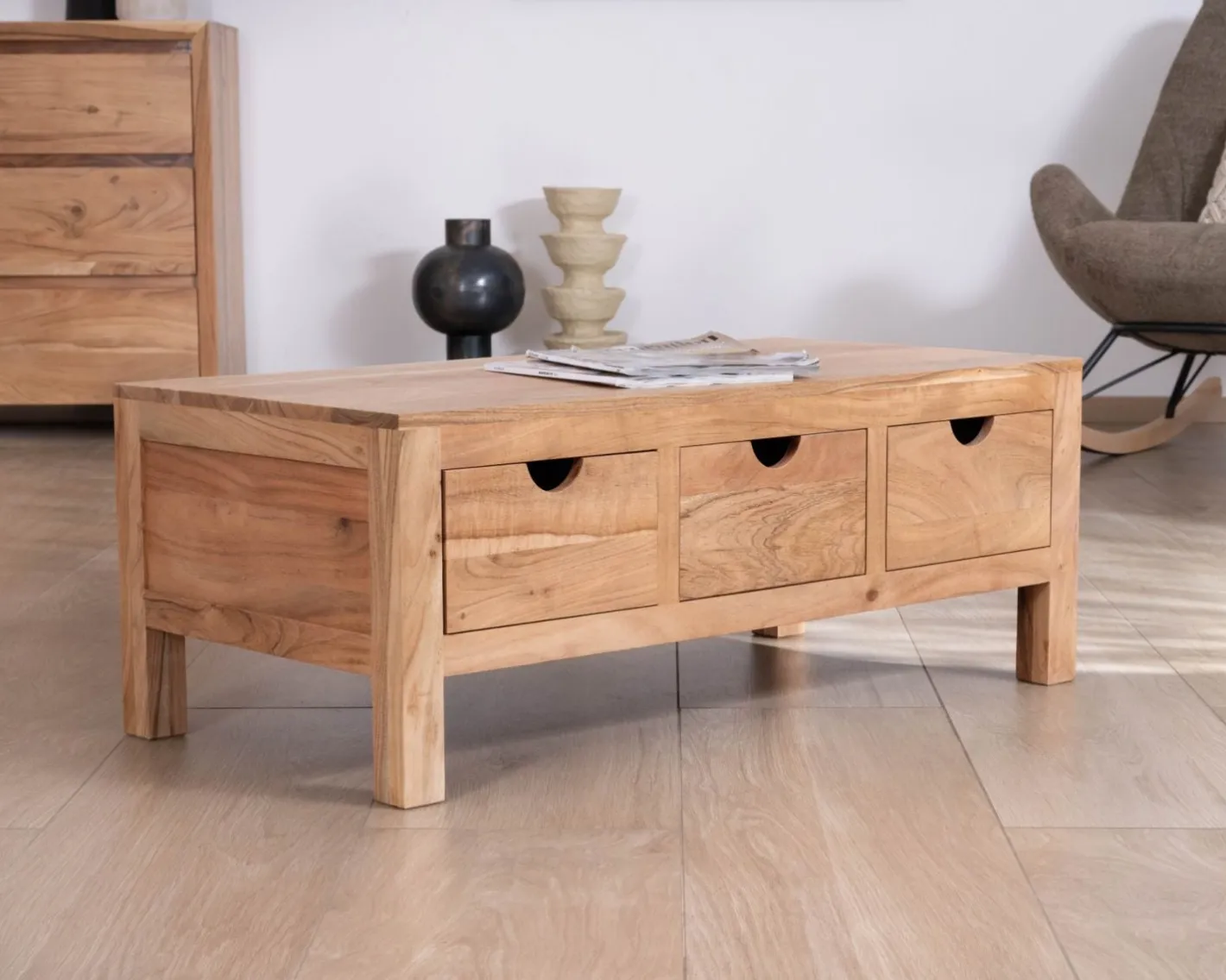 Clearance Table basse rectangulaire en acacia massif " Nüma" 100 cm avec tiroirs Table Basse Rectangulaire