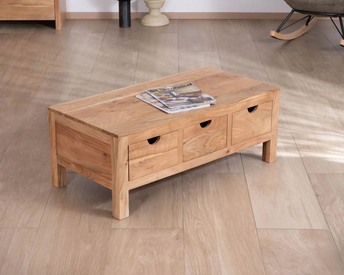 Clearance Table basse rectangulaire en acacia massif " Nüma" 100 cm avec tiroirs Table Basse Rectangulaire