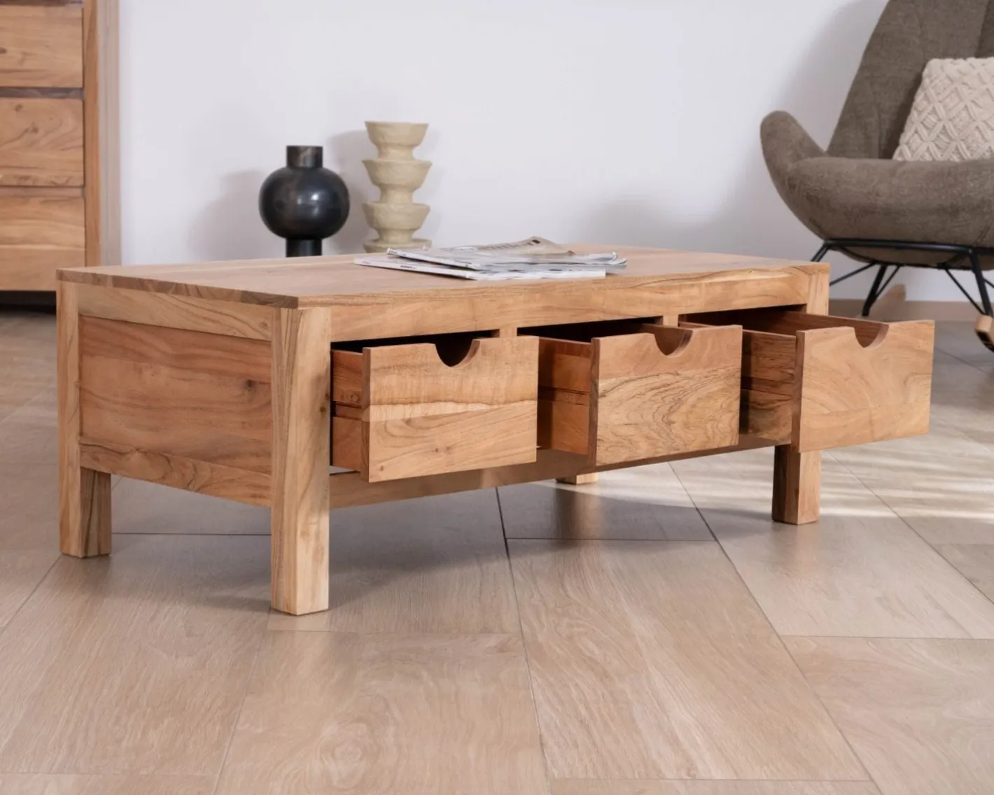 Clearance Table basse rectangulaire en acacia massif " Nüma" 100 cm avec tiroirs Table Basse Rectangulaire