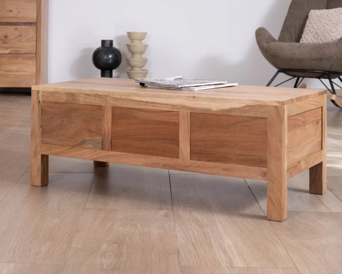 Clearance Table basse rectangulaire en acacia massif " Nüma" 100 cm avec tiroirs Table Basse Rectangulaire