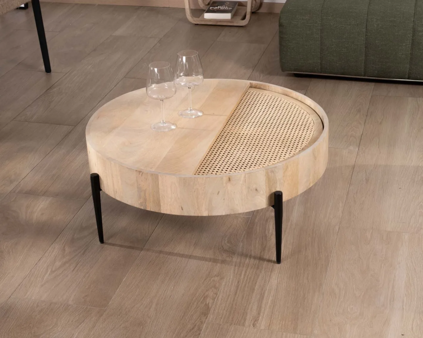 New Table basse ronde avec plateau pivotant en cannage "Loopie" diamètre 80 cm Table Basse Ovale Ou Ronde