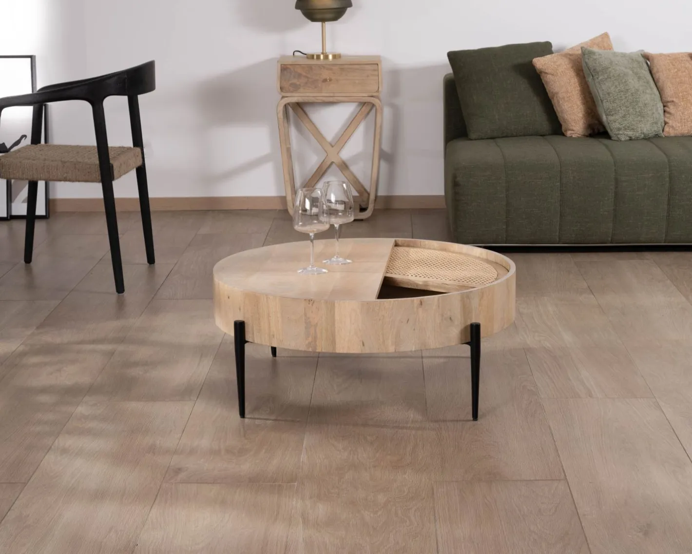 New Table basse ronde avec plateau pivotant en cannage "Loopie" diamètre 80 cm Table Basse Ovale Ou Ronde