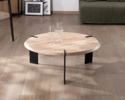 Outlet Table basse ronde design en acacia et 3 pieds métal noir