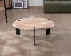 Outlet Table basse ronde design en acacia et 3 pieds métal noir