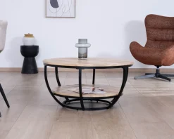 Clearance Table basse ronde double plateau en manguier massif et structure métal noir "Loopie" Table Basse Ovale Ou Ronde