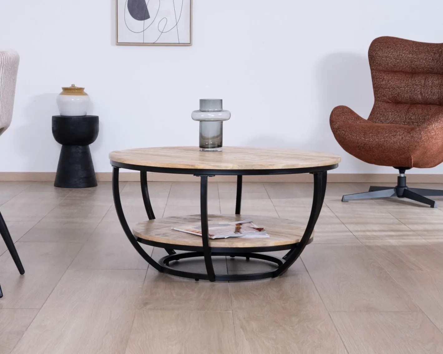 Clearance Table basse ronde double plateau en manguier massif et structure métal noir "Loopie" Table Basse Ovale Ou Ronde