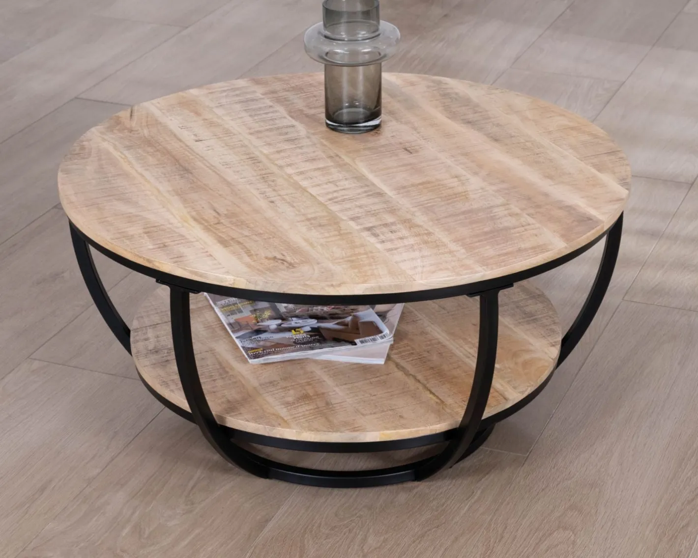 Clearance Table basse ronde double plateau en manguier massif et structure métal noir "Loopie" Table Basse Ovale Ou Ronde
