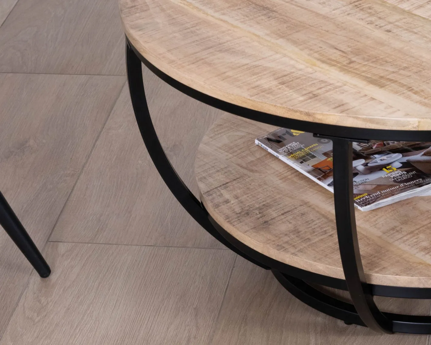 Clearance Table basse ronde double plateau en manguier massif et structure métal noir "Loopie" Table Basse Ovale Ou Ronde