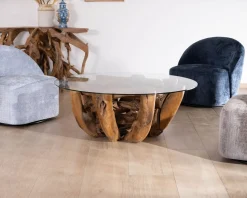 Best Table basse ronde en bois de teck flotté et plateau verre "Kanoa" 120 cm Table Basse Ovale Ou Ronde