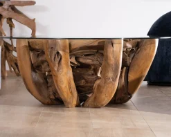 Best Table basse ronde en bois de teck flotté et plateau verre 