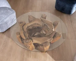 Best Table basse ronde en bois de teck flotté et plateau verre 