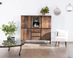Clearance Table basse ronde en bois recyclé et plateau verre avec pieds métal