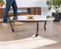 Clearance Table basse ronde en bois recyclé et plateau verre avec pieds métal
