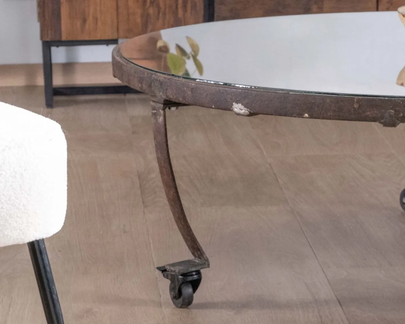 Clearance Table basse ronde en bois recyclé et plateau verre avec pieds métal "Népalaise" Table Basse Ovale Ou Ronde