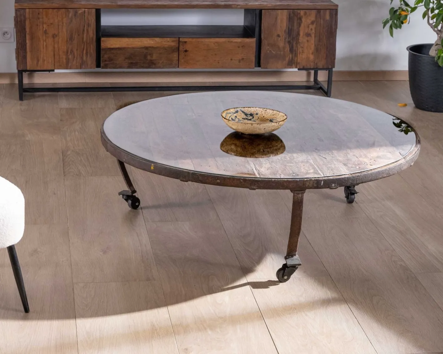 Clearance Table basse ronde en bois recyclé et plateau verre avec pieds métal "Népalaise" Table Basse Ovale Ou Ronde