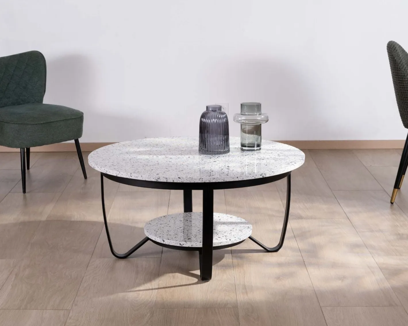 Online Table basse ronde en terrazzo blanc et métal noir "Galatée" Table Basse Ovale Ou Ronde