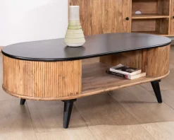 Table basse vintage design arrondi en acacia naturel et noir "Boogie" Table Basse Ovale Ou Ronde