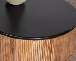 Table basse vintage design arrondi en acacia naturel et noir 