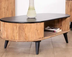 Table basse vintage design arrondi en acacia naturel et noir 