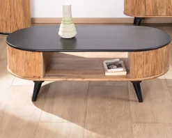 Table basse vintage design arrondi en acacia naturel et noir 