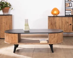 Table basse vintage design arrondi en acacia naturel et noir 