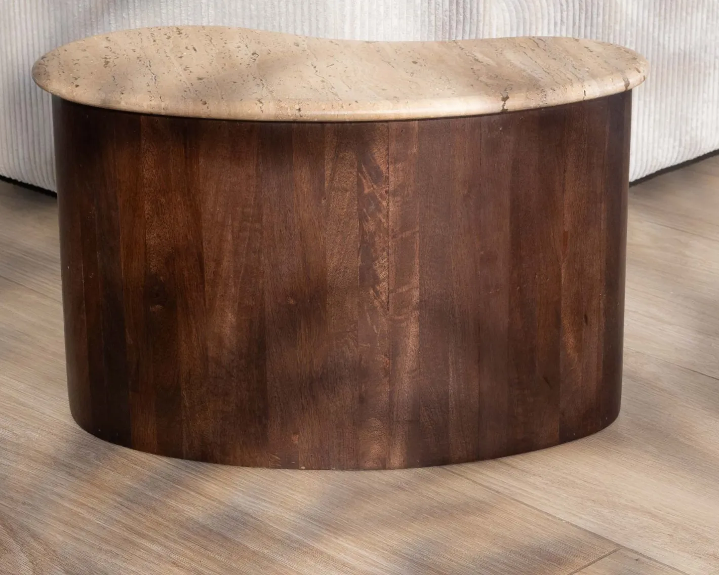 New Table d'appoint design en travertin et manguier "Archipel" forme naturelle Bout De Canapé|Table D'Appoint