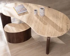 New Table d'appoint design en travertin et manguier "Archipel" forme naturelle Bout De Canapé|Table D'Appoint