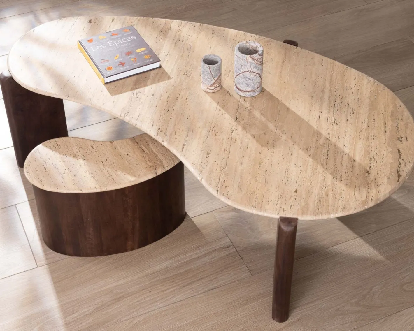 New Table d'appoint design en travertin et manguier "Archipel" forme naturelle Bout De Canapé|Table D'Appoint
