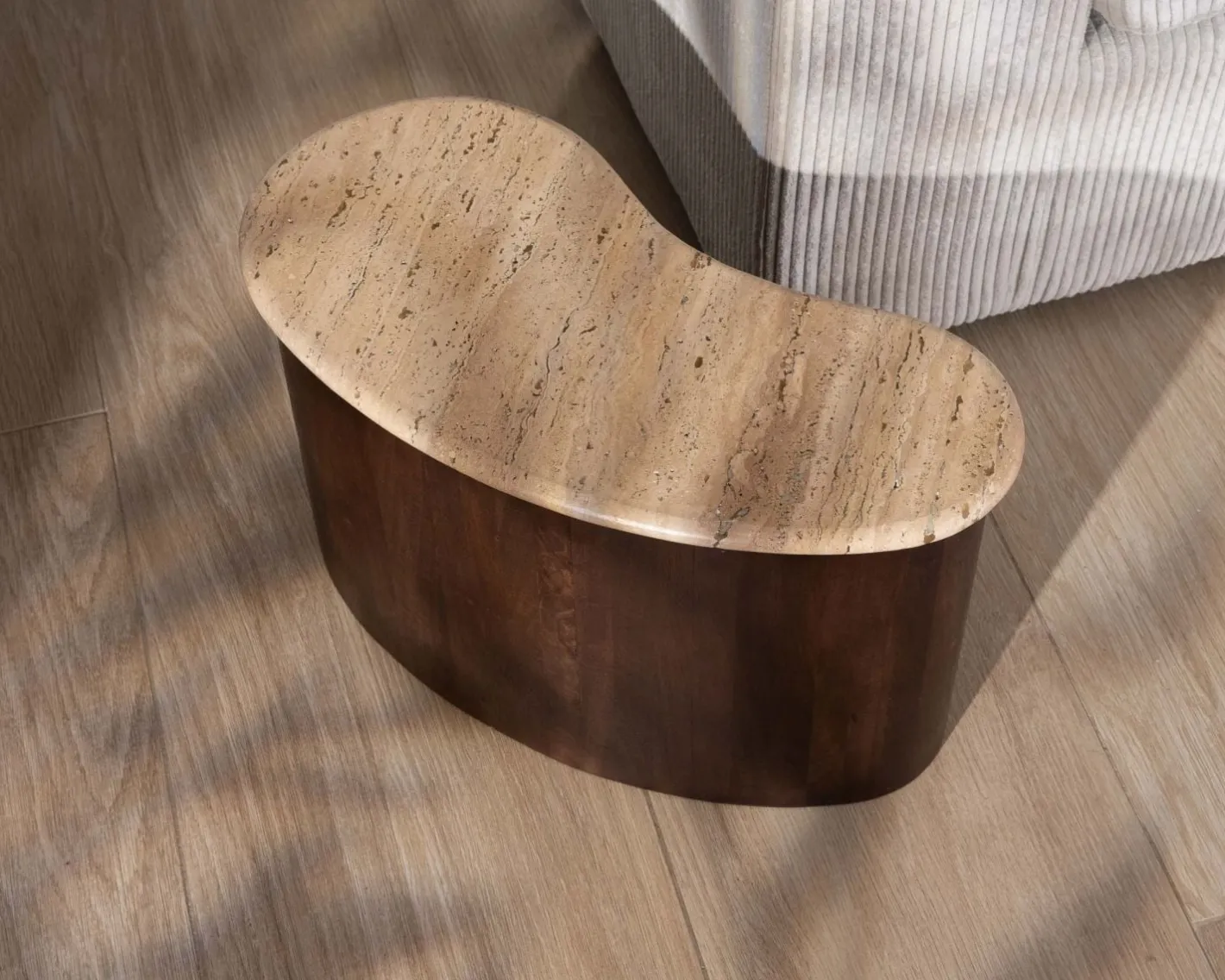 New Table d'appoint design en travertin et manguier "Archipel" forme naturelle Bout De Canapé|Table D'Appoint