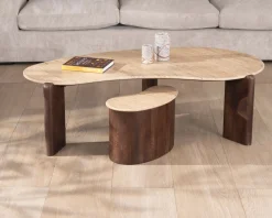 New Table d'appoint design en travertin et manguier