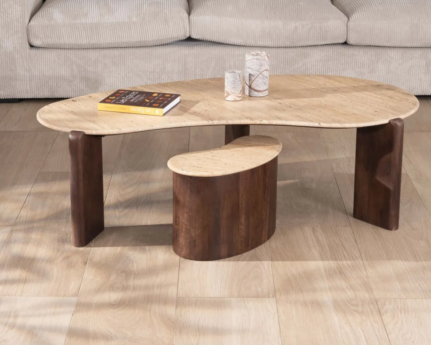 New Table d'appoint design en travertin et manguier "Archipel" forme naturelle Bout De Canapé|Table D'Appoint