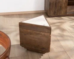 Outlet Table d'appoint triangulaire en bois recyclé et plateau marbre blanc 