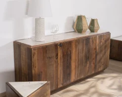 Outlet Table d'appoint triangulaire en bois recyclé et plateau marbre blanc 