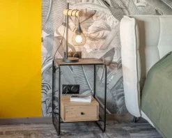 Outlet Table de chevet design en métal et bois avec plateau en placage pierre "Pikto" Bout De Canapé|Table D'Appoint