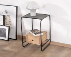 Outlet Table de chevet design en métal et bois avec plateau en placage pierre 