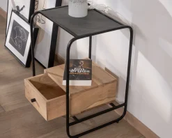 Outlet Table de chevet design en métal et bois avec plateau en placage pierre 