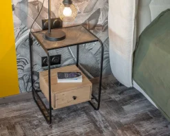 Outlet Table de chevet design en métal et bois avec plateau en placage pierre 