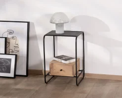 Outlet Table de chevet design en métal et bois avec plateau en placage pierre 