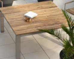 Hot Table de jardin carrée 160 cm en teck "Melta" pieds métal gris inox Table À Manger Carrée