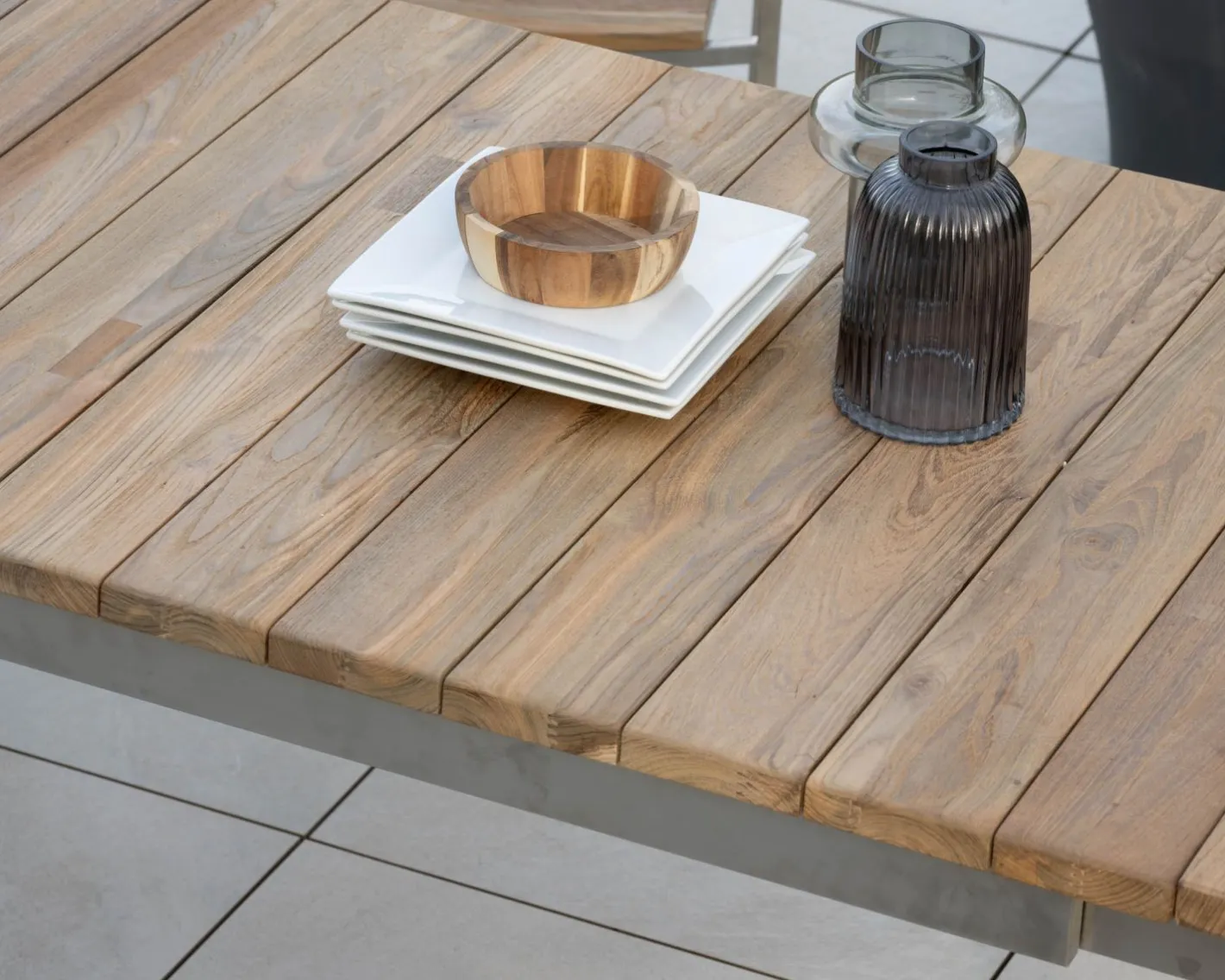 Table de jardin extensible 160 à 220 cm design contemporain "Melta" en teck et acier inoxydable Table À Manger Carrée