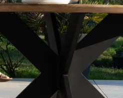 Best Table de jardin ronde en teck et pieds croisés en aluminium "Ozone" 150 cm Table À Manger Ronde Ou Ovale