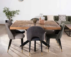 Table de repas carrée 140cm acacia finition chevrons pieds métal noir croisés 