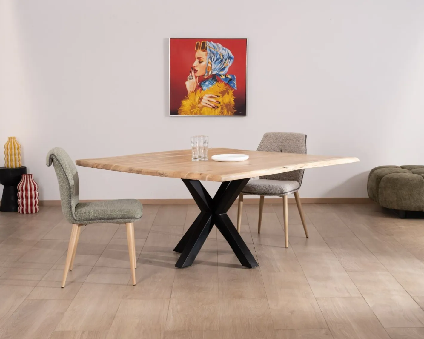 Outlet Table de repas carrée 140 cm en acacia et pieds mikado métal "3D" Table À Manger Carrée